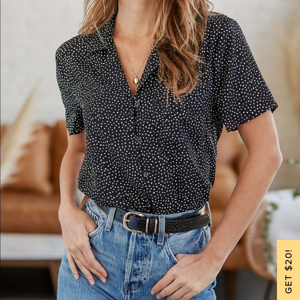 Good Luck Charm Black Polka Dot Short Sleeve Button-Up Top